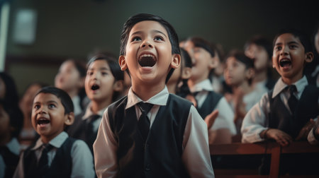 Young Girl Holding Microphone in Front of Crowdの素材