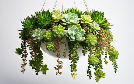 Hanging Planter Filled With Succulents on White Wallの素材