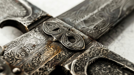 Intricately Designed Sword With Decorative Handle on White Backgroundの素材