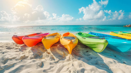 Group of Kayaks Lined Up on the Beachの素材