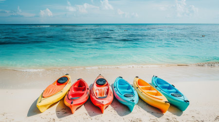 Group of Kayaks Lined Up on the Beachの素材
