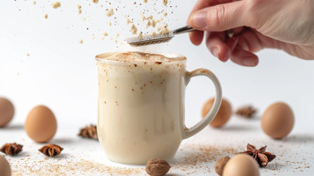 Nutmeg Grating Over Frothy Mug on White Background.の素材