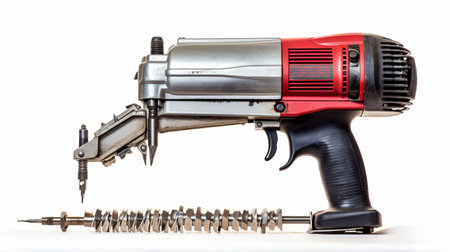 Construction Essentials Framing Nailer and Nails on White Background.の素材