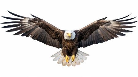 Regal Bald Eagle in Flight: Symbol of Freedom on White Background.の素材