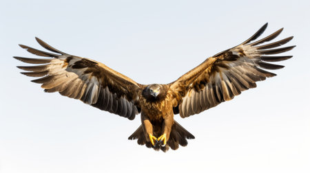 Majestic Golden Eagle Soaring Against Azure Skies on White Background.の素材