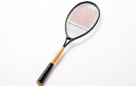 Tennis Racket With Wooden Handle on White Backgroundの素材