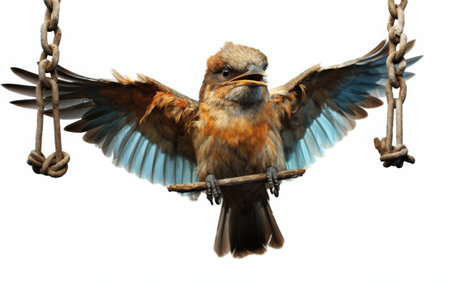 Small Bird Perched on Wooden Swingの素材