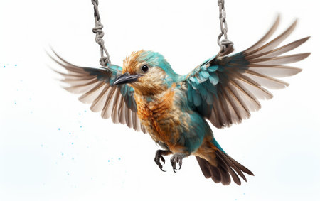 Small Bird Perched on Wooden Swingの素材