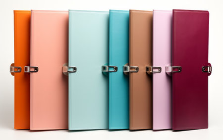 Row of Different Colored Leather Cases on White Backgroundの素材