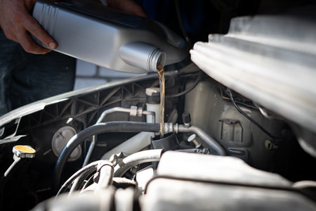 Engine oil is pouring into the engineの写真素材