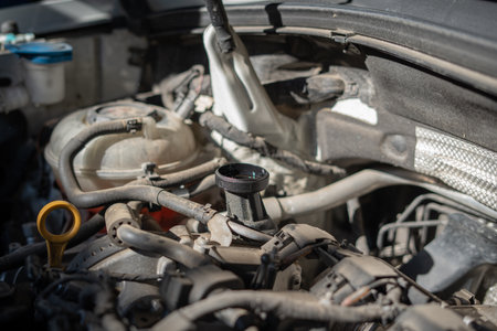 Motor oil reservoir under the hoodの写真素材