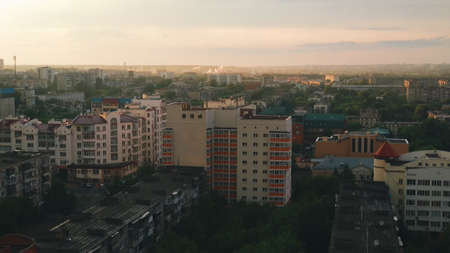 Sunlight falls on the evening cityの写真素材