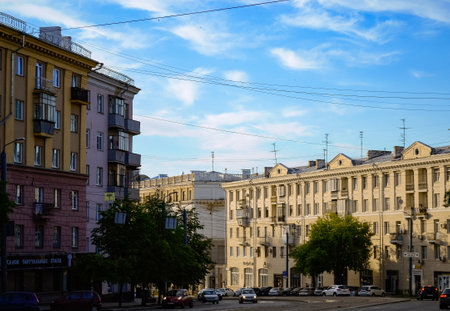 Chelyabinsk Russia - May 21, 2021. Zwillinga Street. Bright sky over the evening cityのeditorial素材
