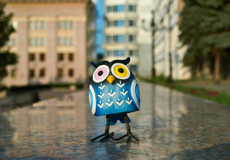 On polished granite, a surprised blue owl with multi-colored eyes stands close-up against the background of buildings in bokeh. Toy illuminated by evening sunlightの写真素材