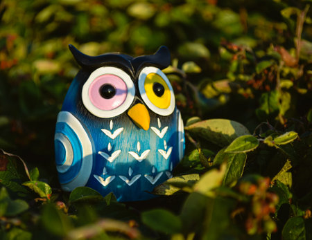 A toy of a surprised blue owl with multi-colored eyes close-up stands in the middle of green foliage in the light of the evening sunの写真素材