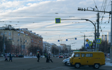 Chelyabinsk Russia - January 18, 2021. Lenin Avenue. Winter city life on the central avenue in the...