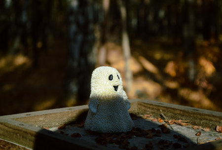 A shadow falls on a toy ghost standing sidewaysの写真素材