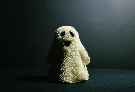 A toy smiling ghost stands in the semi-darkness on a dark background and is illuminated by light