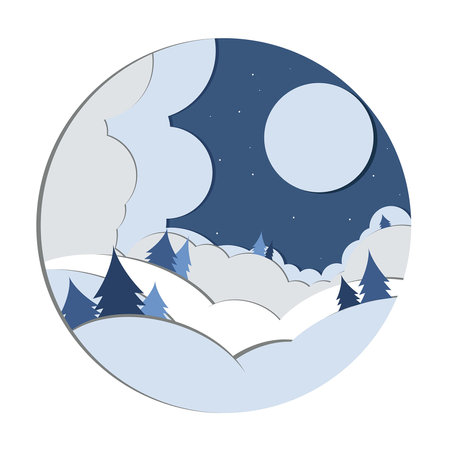 Snow background falling on snow covered hills and light blue Christmas treesのイラスト素材