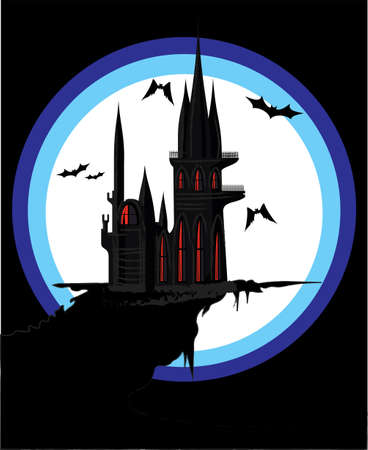 Black dark castle located on the edge of a deserted high hillのイラスト素材
