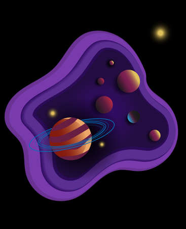 Fun space where stars and planets swim in their different colorsの写真素材