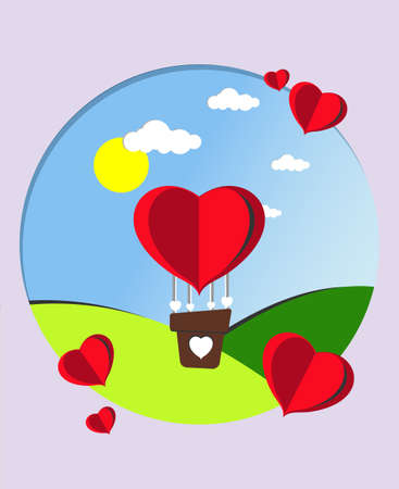 cute children background ,red balloon flying in the sky above green meadowsのイラスト素材