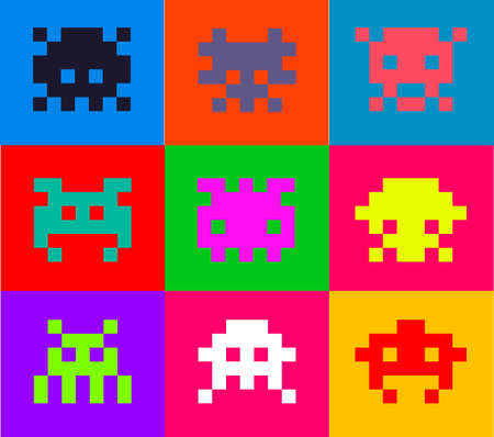 Multicolored set of pixel crab aliens. space aliens. pixel artのイラスト素材