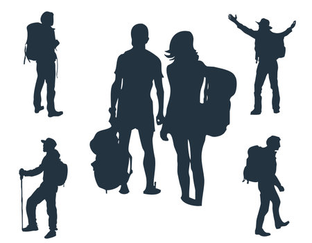 Set of silhouettes of tourists and travelersのイラスト素材
