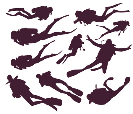 Set of silhouettes of divers floating at depth in the seaのイラスト素材