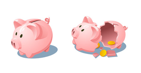 Piggy bank illustration in whole and broken conditionのイラスト素材