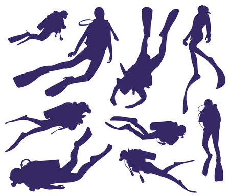 Set of nine divers floating deep in the seaのイラスト素材