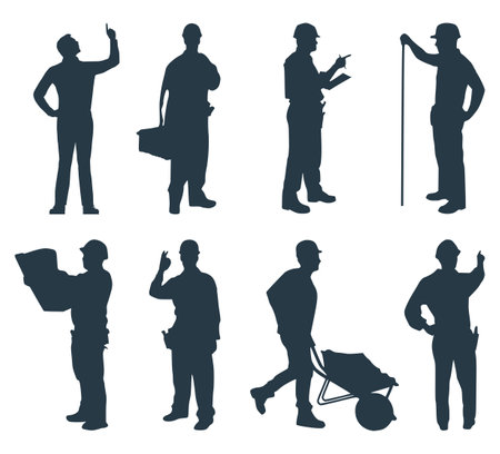 Set of eight silhouettes of construction workersのイラスト素材
