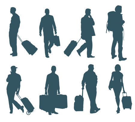 Set of silhouettes of tourists with a travel bagのイラスト素材