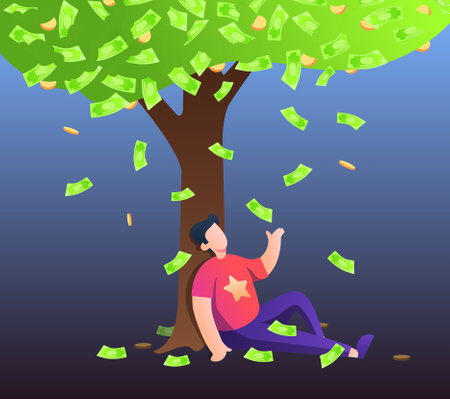 Illustration of falling money from a tree, over a person's head, like leaves.のイラスト素材