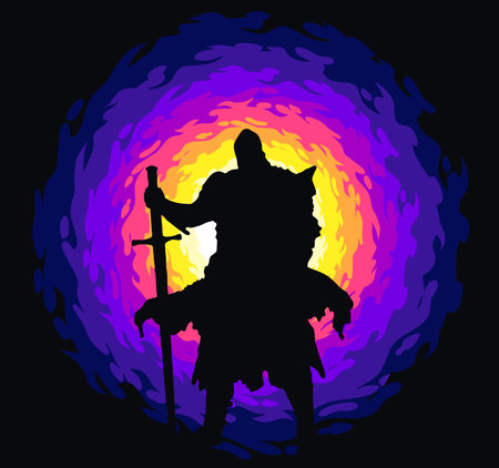 Silhouette of a knight with a sword against the background of a bright round swirlのイラスト素材