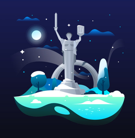 Illustration of Mother Motherland Monument in winter. Ukraine, Kyiv, Motherlandのイラスト素材