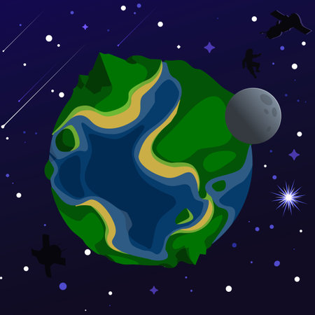 Cartoon illustration of earth and moon in spaceのイラスト素材