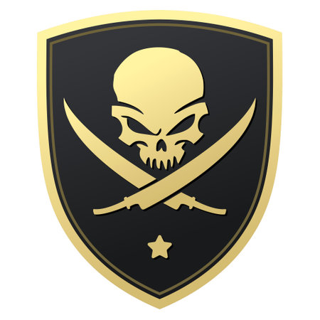 Emblem in the form of a shield and a skull with two crossed daggersのイラスト素材