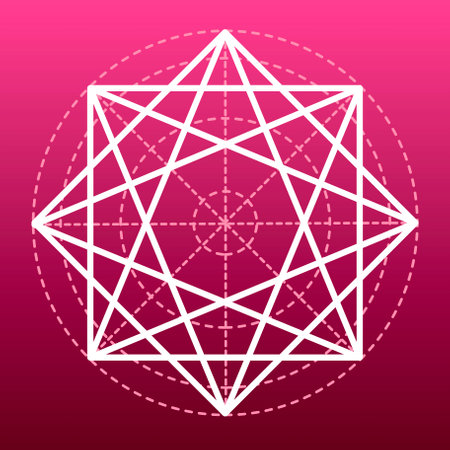 Drawing of a geometric design in a circle on a red-pink backgroundのイラスト素材