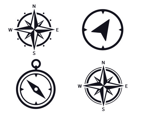 Four images of wind rose, compass and direction of travelのイラスト素材