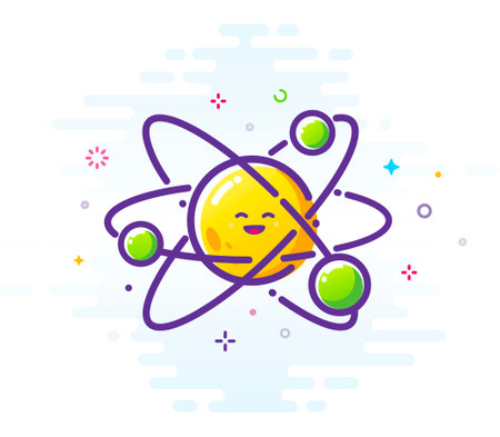 Illustration of a happy Atom and electrons flying around. Outline illustration in MBE styleのイラスト素材