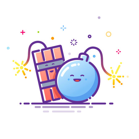 Cute illustration of a bomb and dynamite with lit fuses. Outline illustration in MBE styleのイラスト素材