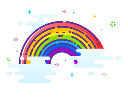 Cute illustration of a rainbow between clouds. Outline illustration in MBE styleのイラスト素材