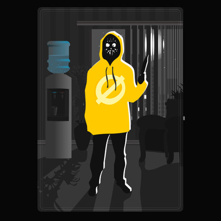 Dark illustration of an office maniac in a yellow overcoat. Maniac silhouette card in the officeのイラスト素材