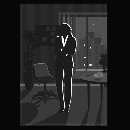 Dark illustration of a woman in the office. Civil worker silhouette cardのイラスト素材