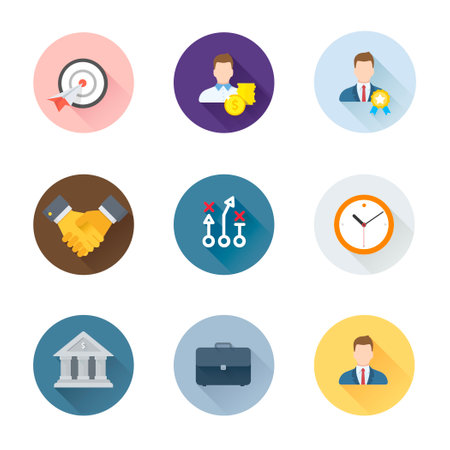 Set of flat colored business icons of management, handshake, goal and bankingのイラスト素材