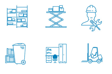 Set of outline illustrations of racks, lifting racks, plastic containers, warehouse truckのイラスト素材