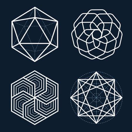 A set of four complex geometric shapes on a dark backgroundのイラスト素材
