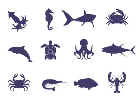 Set of silhouettes of marine inhabitants. Silhouette of shark, octopus, dolphin, crab, lobster, turtle and othersのイラスト素材