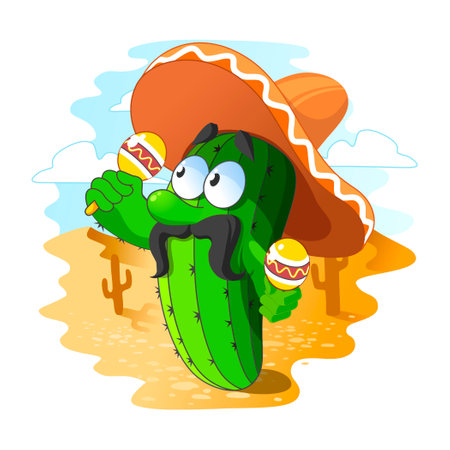 Colorful illustration of a Mexican cactus with maracas and in a sombreroのイラスト素材